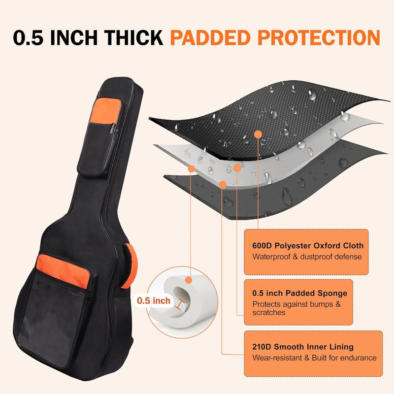 PPOPPO Acoustic Guitar Gig Bag Fits 40/41/42 Inch & 12-String Guitars, 0.5 Inch Thick Padded for Enhanced Protection, 600D Waterproof Soft Backpack Case with Neck Fixed Strap & Dual Shoulder Straps - Image 3